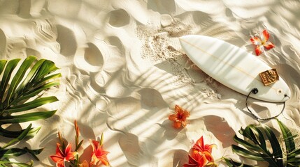 A surfboard rests on a sandy beach, adorned with tropical leaves and flowers. The scene resembles a picture frame of natural art, with vibrant petals and lush greenery AIG50