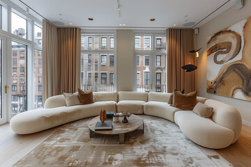 Stylish New York loft with wooden textures, showcasing a minimalist design. The space emphasizes simplicity and tranquility, with intricate details and a focus on clean, clutter-free living.