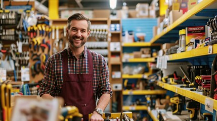 Smiling Entrepreneur in Hardware Store with Tools and Equipment on Shelves, Generative AI