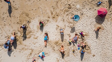 A group of children are leisurely playing in the sand on a beach, creating art and exploring the rock landscape. The beach offers a perfect setting for recreation and adventure AIG50