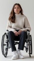 A young woman in a white sweater and dark pants sitting in a wheelchair, looking forward, set against a plain white background, emphasizing strength and resilience.
