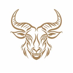 Fototapeta premium Stylized gold outline of a bull’s head with large curved horns on a white background, representing strength and determination in a minimalist design.