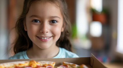 Close-up portrait of a young smiling girl advertising a food delivery app. Standing at home, holding a pizza box
