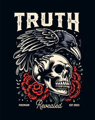A skull with a crow perched on it on a rose background for t shirt design