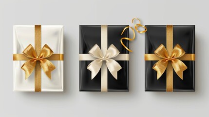 Set of 3d realistic white and black satin gift boxes with luxury golden bow. Open and closed. Holiday design element for birthday, wedding, advertising banner of sale and other events. Vector