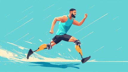Fototapeta premium illustration of a young male Paralympic athlete, with prosthetic legs, participating in a competition