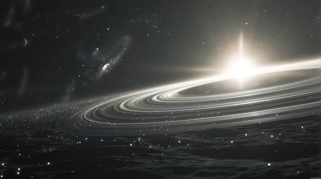 The beauty of a planetary ring system with particles of ice and dust creating a stunning display around a central planet.