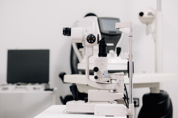 Interior of a modern ophthalmology office. Concept of examination, diagnostics and vision correction.