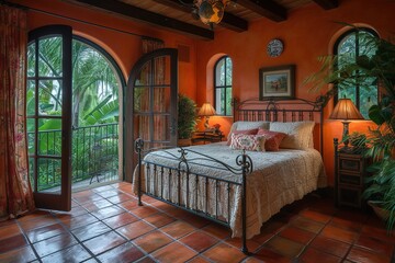 Mediterranean-inspired bedroom with wrought iron bedframe and terra cotta floors