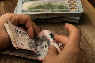 bundles of 100 dollar bills and Argentine pesos, Argentine currency