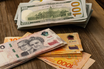 bundles of 100 dollar bills and Argentine pesos, Argentine currency