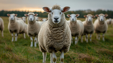 Fototapeta premium A flock of sheep standing in a grassy field at dusk with a slightly cloudy sky.