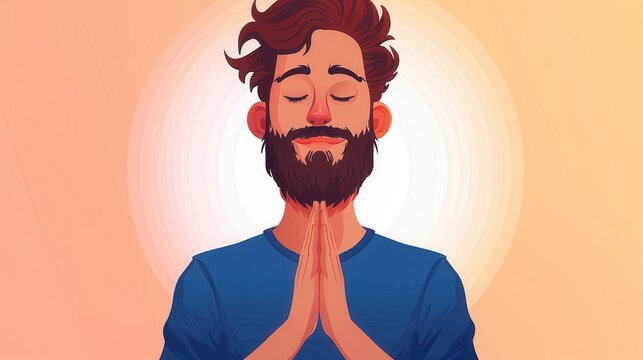 The image features an illustrated figure with hands together in a universal gesture of prayer, reflection, or earnest appeal