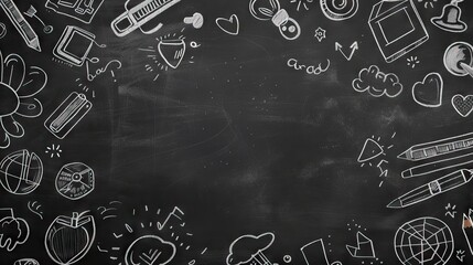 Creative educational sketch on blackboard background with copy space. Education and knowledge concept. AI generated illustration