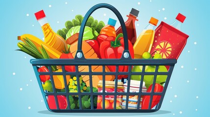Detailed digital illustration of a shopping basket filled with various food items