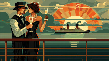 A man and woman are on a boat, holding glasses of champagne