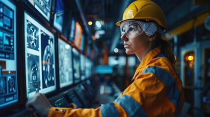 Female engineer in safety gear monitoring control panels in an industrial setting, showcasing technology and expertise.