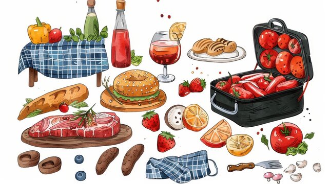 Various illustrated food items including fruits, meat, bread, and drinks presented in a scattered layout
