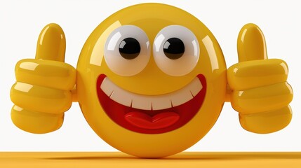 3D rendered smiley face emoji with two thumbs up indicating positivity and approval on a yellow background