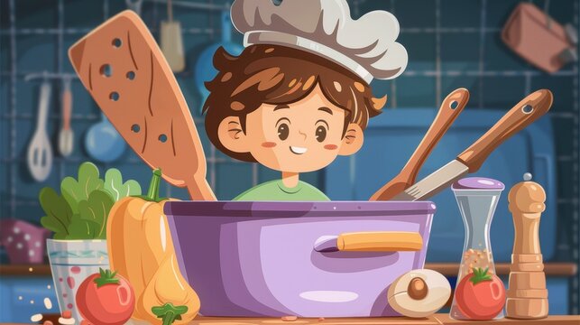 A young, animated chef boy stands inside a purple pot surrounded by vegetables and kitchen tools