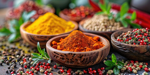 Fototapeta premium Wooden bowls filled with vibrant spices and surrounded by fresh herbs, highlighting rich culinary traditions and flavors.