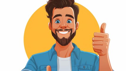 Obraz premium A vibrant illustration featuring a happy man with a beard, giving a thumbs up sign against a yellow backdrop