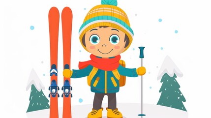 A smiling animated child bundled in winter clothes holding skis and ski poles against a snowy background