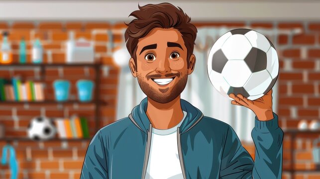 This animated image showcases a joyful man holding a soccer ball in a cozy living room setting, exuding a sense of comfort and leisure
