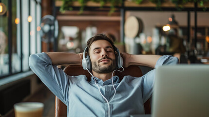 Naklejka premium A relaxed young man in headphones sits in the office at a table in front of a laptop and rests with his hands behind his head, listening to music