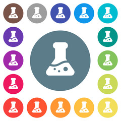 Lab flask with liquid solid flat white icons on round color backgrounds