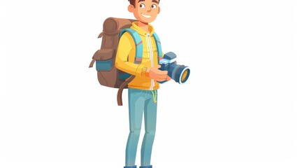 A solo animated character equipped with a backpack and camera ready for an adventure