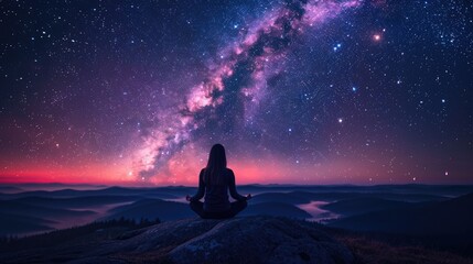 A woman meditating on a mountain top under a starry sky. Concept of peace and tranquility, as the woman is in a quiet and serene environment