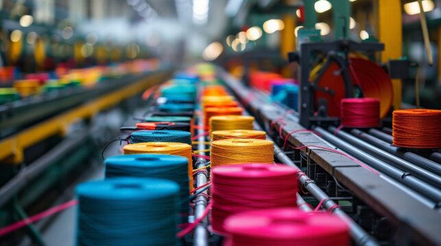 At the end of the production line a large machine churns out spools of brightly colored string which are then packaged and shipped out to various destinations.