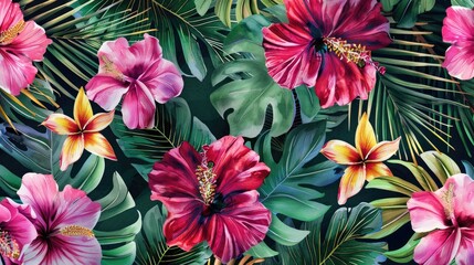 Tropical Palm Pattern with Seamless Watercolor Flowers for Textile and Digital Printing