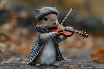 Obraz premium A cute squirrel dressed in a hat and scarf plays a miniature violin amidst a backdrop of fallen leaves
