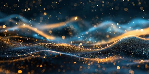 Glowing particles on abstract wavy surface. A visually striking representation of sparkling golden and blue particles on undulating waves. For backgrounds, design elements, and marketing materials