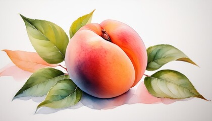 Watercolor Painting of Fresh Ripe Peach with Leaves