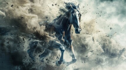 A horse is running through a storm of dust and debris