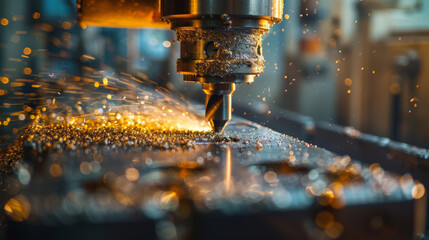 A machine is cutting through a piece of metal, creating sparks and debris