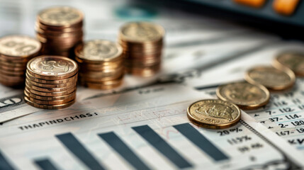 Close-up of coin stacks placed on financial graphs and charts, depicting economic growth, investment, and analysis.