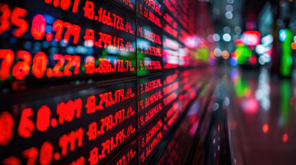 Bright red numbers and figures on a digital display screen showing stock market data in a vibrant financial setting.