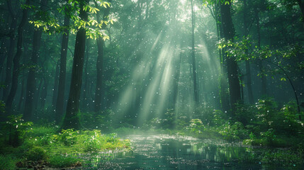 Enchanting Forest Stream with Sunbeams