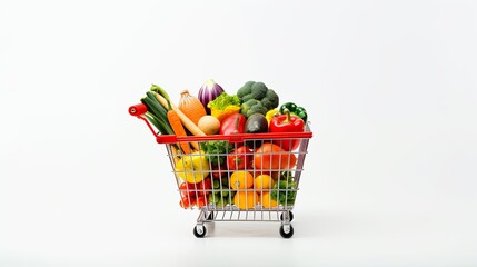 A grocery cart filled with a colorful assortment of fresh vegetables and fruits on a white background