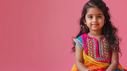 A young girl dressed in vibrant, traditional Indian attire with intricate embroidery, smiling against a plain pink background