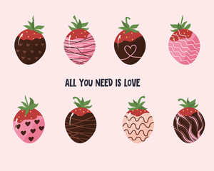 Chocolate covered strawberries. Fresh berries in dark and light chocolate. Sweet gifts for the holidays. Set of illustrations with text. Vector illustration