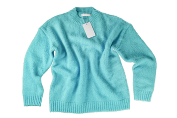 Turquoise flying crumpled women autumn knitted sweater with blank label tag isolated on white, transparent  background. Creative clothing concept, cozy creasy jersey pullover. Fashion template, mockup