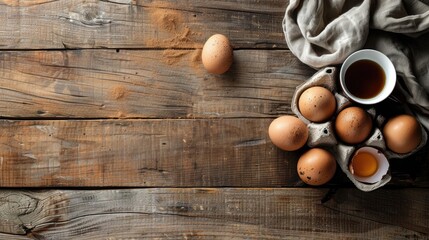 Brown Eggs and cup on wooden surface viewed from above with empty space