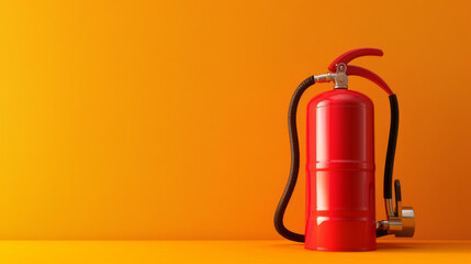 Obraz premium Red fire extinguisher against a bright orange background, emphasizing fire safety equipment in vibrant, modern settings.