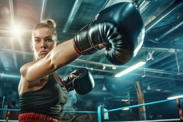 Beautiful strong and muscular female boxer muay thai fighter practices punches on boxing bag, showcasing her formidable physical prowess and dedication to martial arts training.