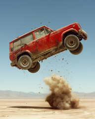A red off-road vehicle flies through the air, leaving a plume of dust behind it as it leaps over a desert landscape